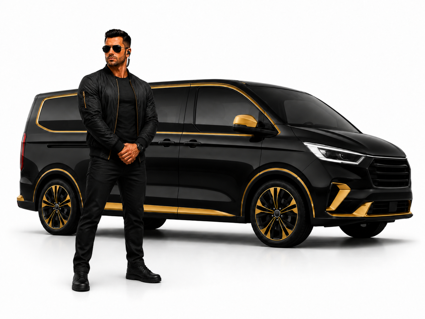 Guardian in casual attire standing beside a black and gold van