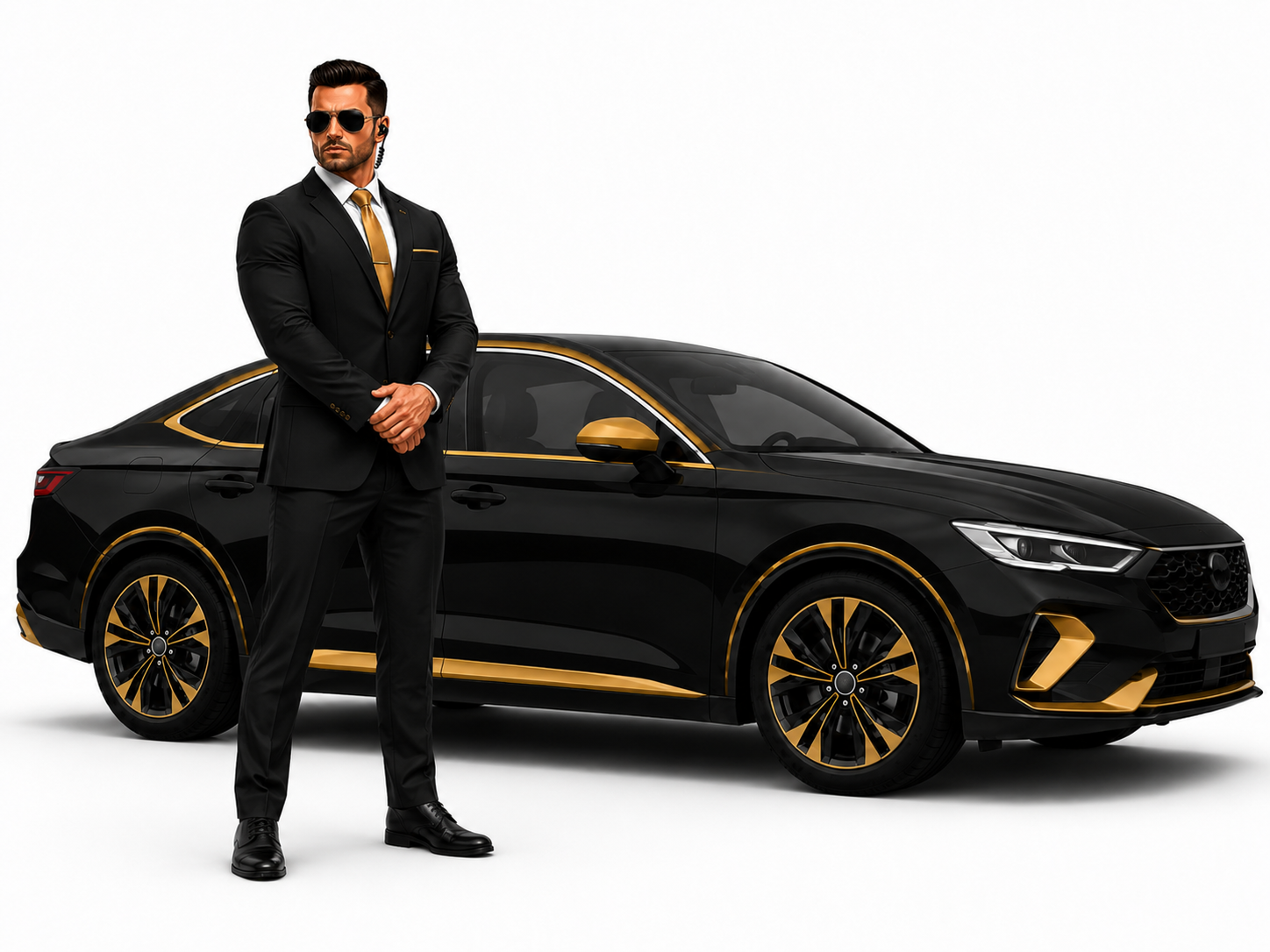 Guardian in formal attire standing beside a black and gold sedan