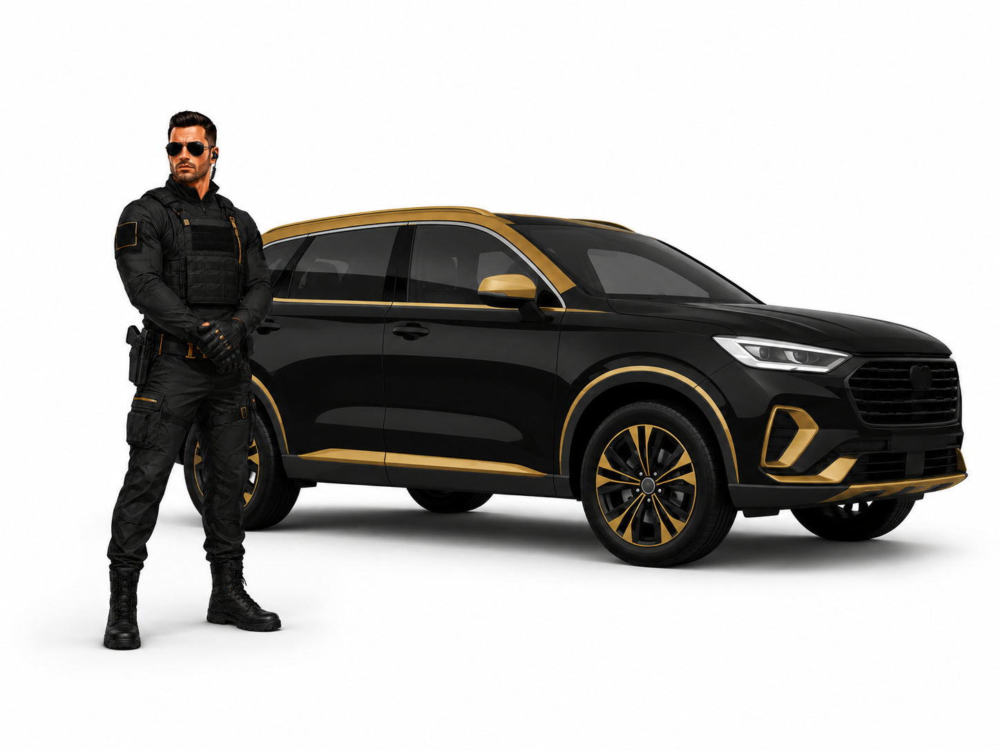 Guardian in tactical attire standing beside a black and gold SUV